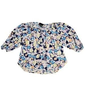 Cynthia Rowley Women Blue Abstract Floral Rayon Puff Sleeve Blouse Size M